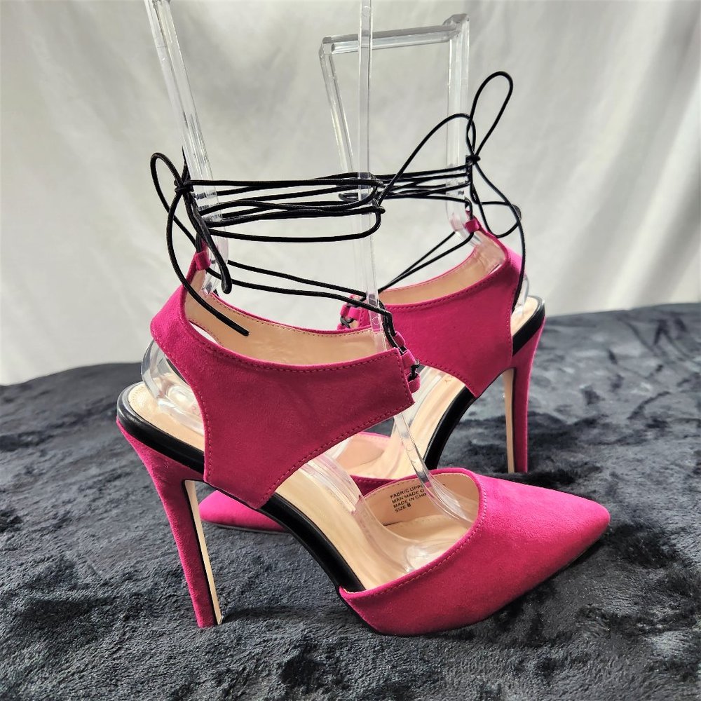Red Cherry Fuchsia With Black Elastic Wrap Sandals With 4 1/2" Stiletto Heels - Picture 5 of 8
